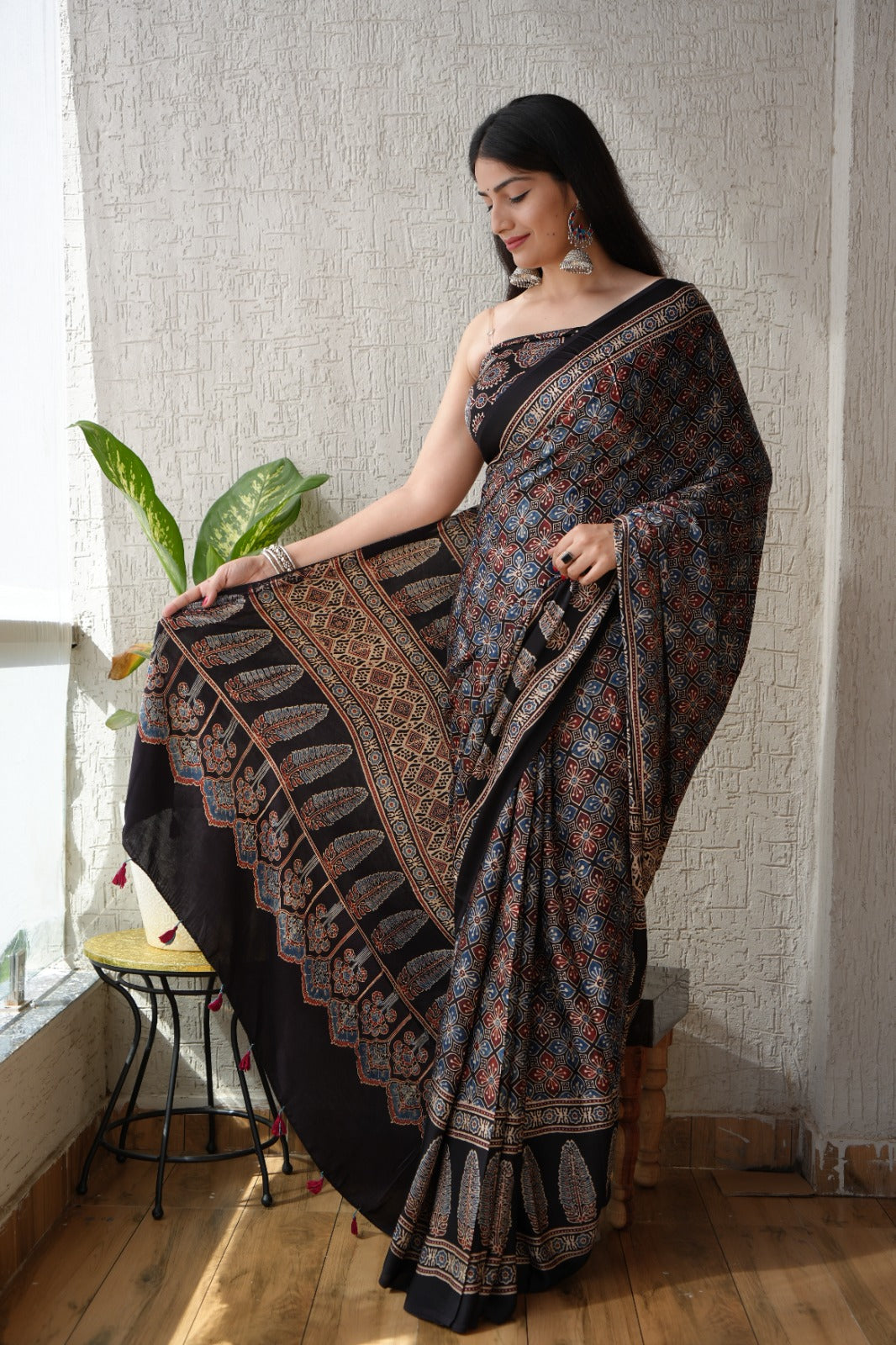 Natural Dye Hand Block Ajrak Modal Silk Saree-Black
