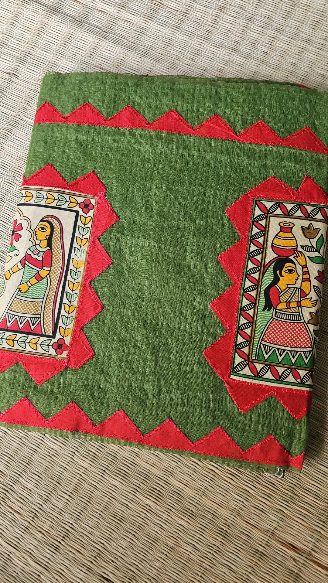 Green Kota Check Saree with Ajrakh Border & Madhubani Patchwork