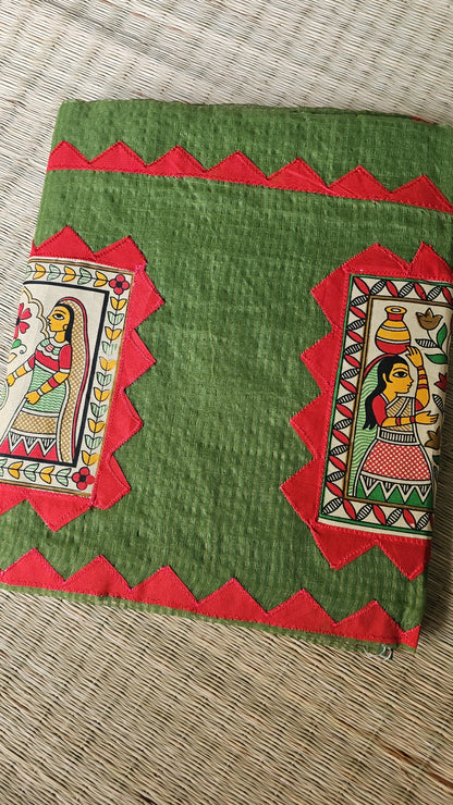 Green Kota Check Saree with Ajrakh Border & Madhubani Patchwork