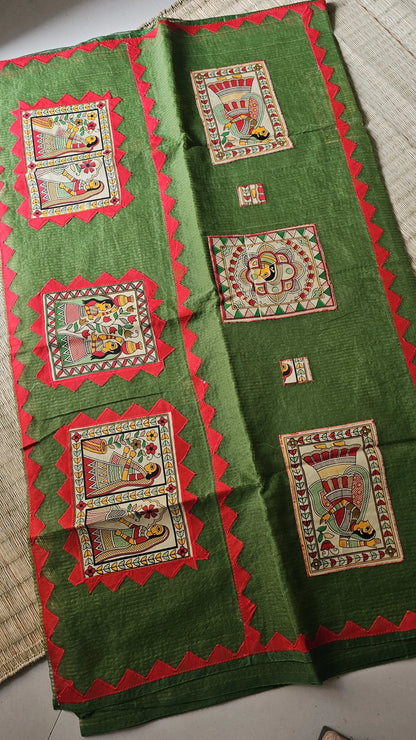 Green Kota Check Saree with Ajrakh Border & Madhubani Patchwork