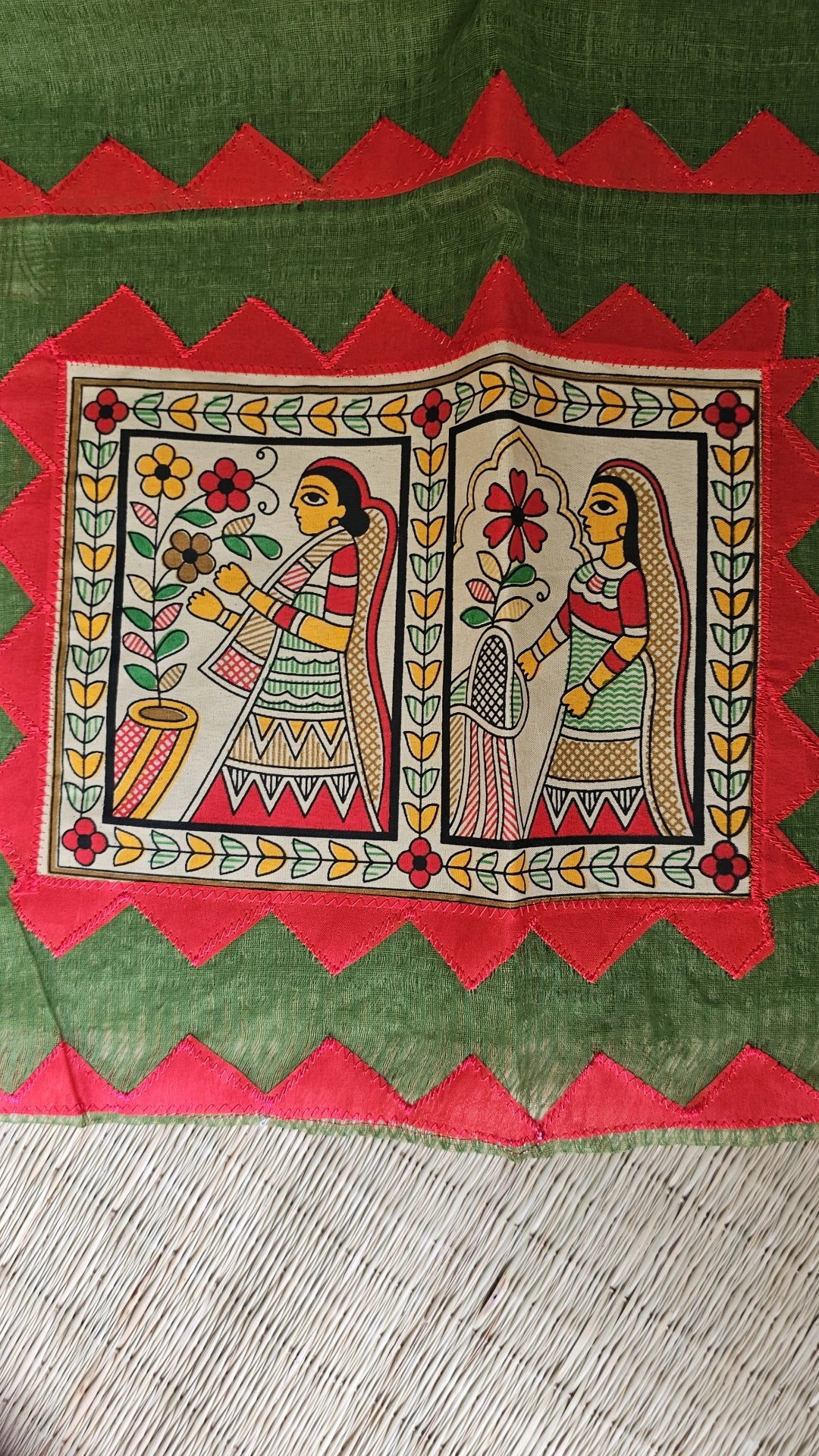 Green Kota Check Saree with Ajrakh Border & Madhubani Patchwork