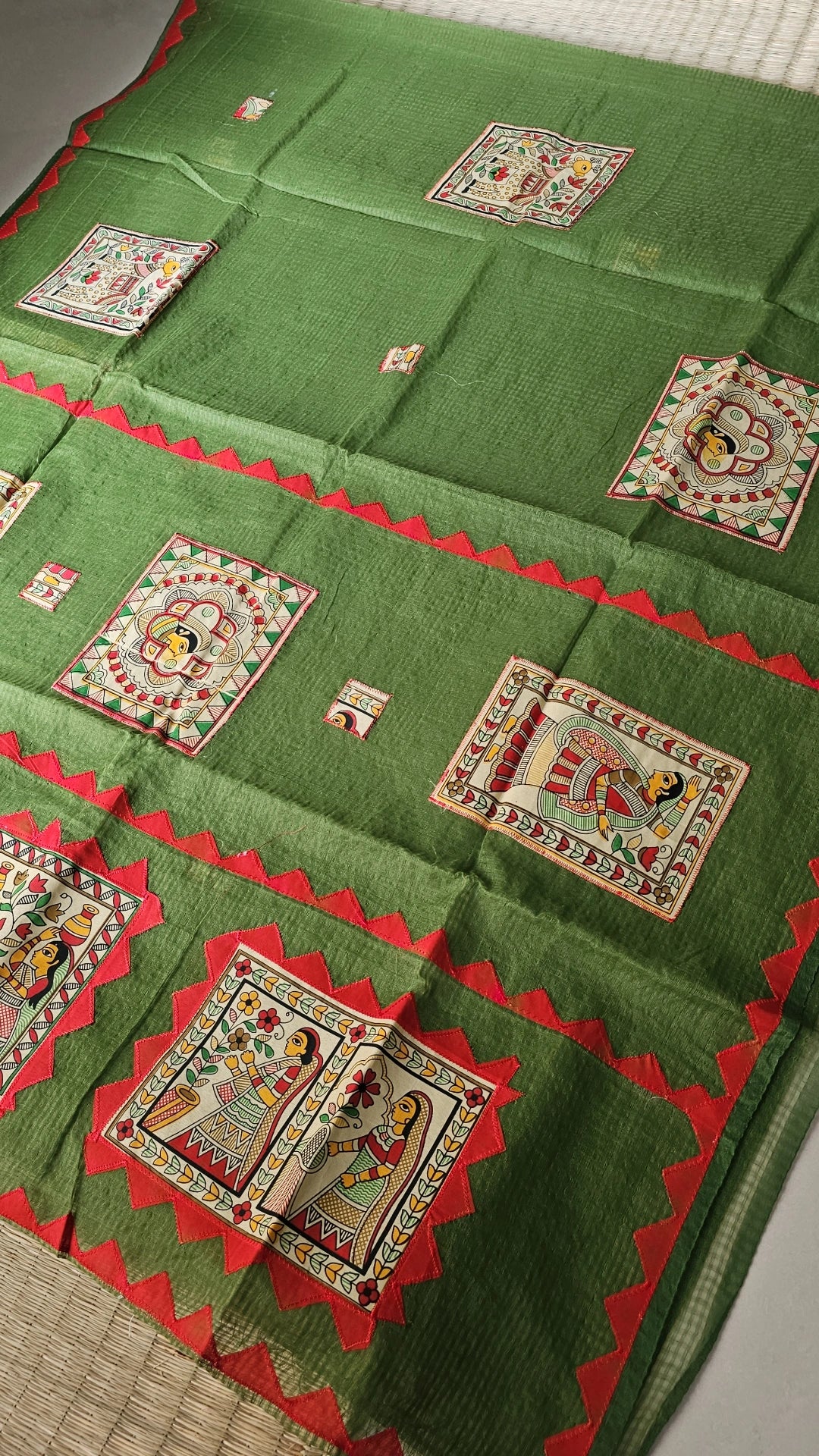 Green Kota Check Saree with Ajrakh Border & Madhubani Patchwork
