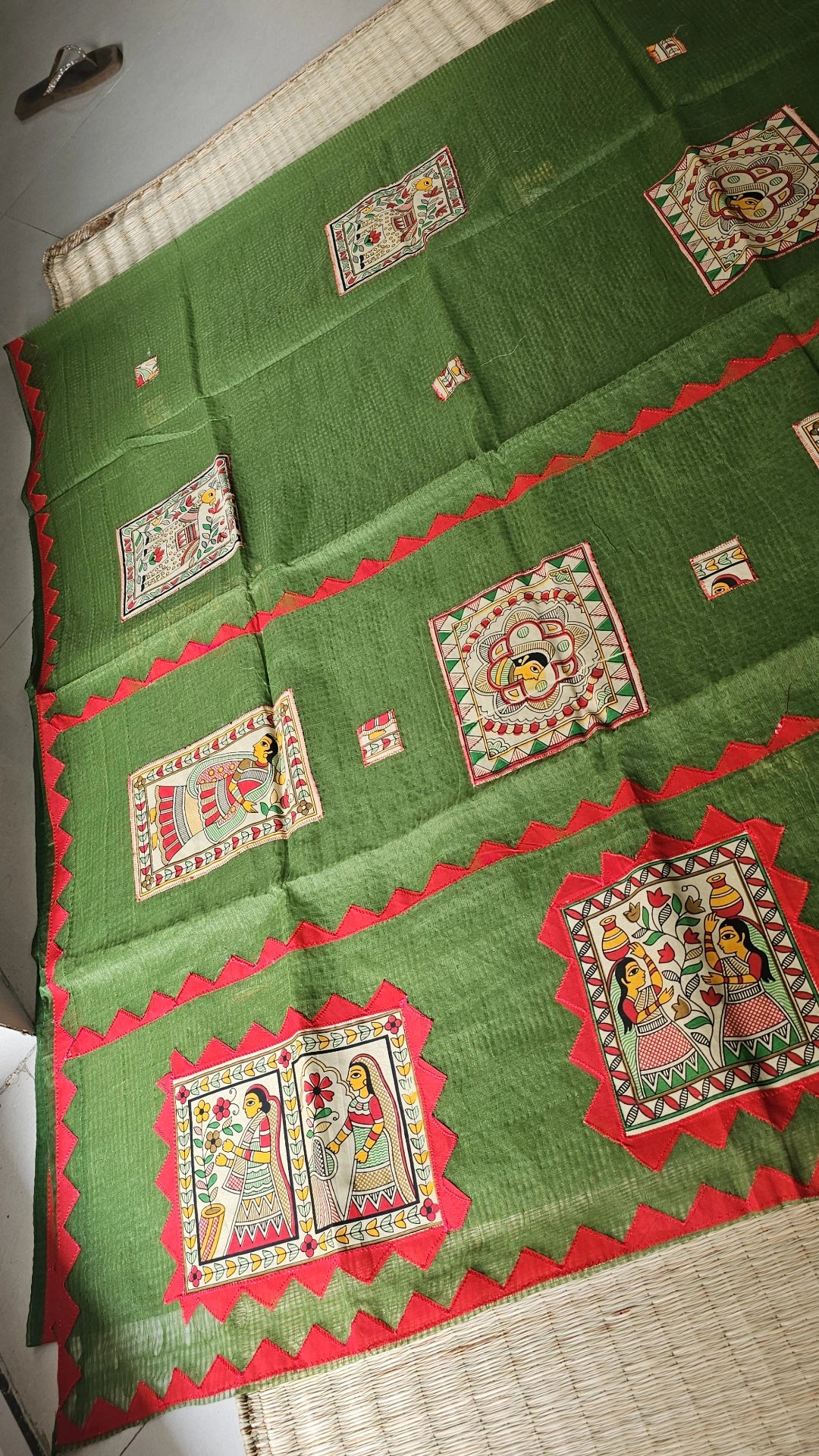 Green Kota Check Saree with Ajrakh Border & Madhubani Patchwork