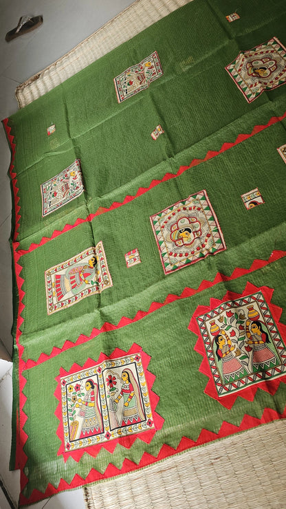 Green Kota Check Saree with Ajrakh Border & Madhubani Patchwork