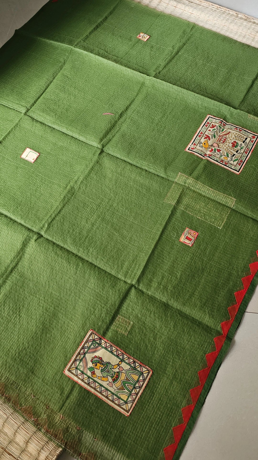 Green Kota Check Saree with Ajrakh Border & Madhubani Patchwork