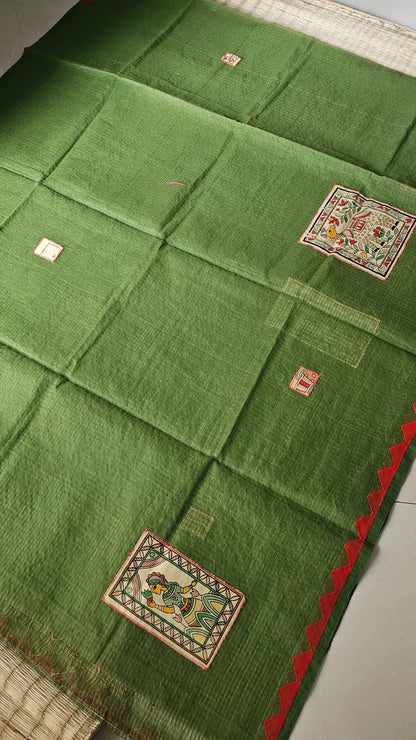 Green Kota Check Saree with Ajrakh Border & Madhubani Patchwork