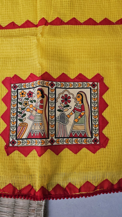 Yellow Kota Check Saree with Ajrakh Border & Madhubani Patchwork