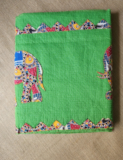 Green Resham Kota Check Saree with Ajrakh Border & Elephant Patchwork