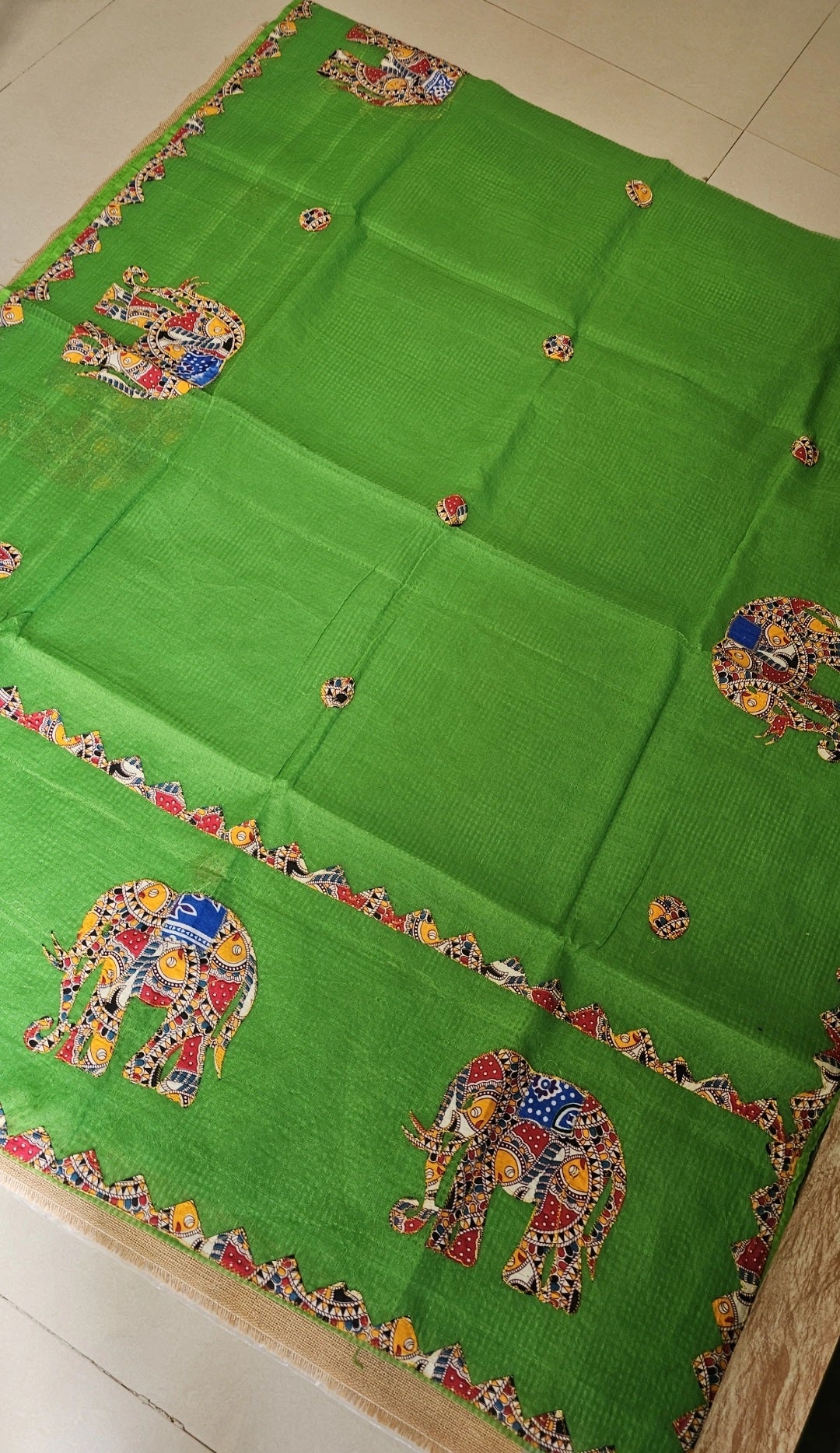 Green Resham Kota Check Saree with Ajrakh Border & Elephant Patchwork