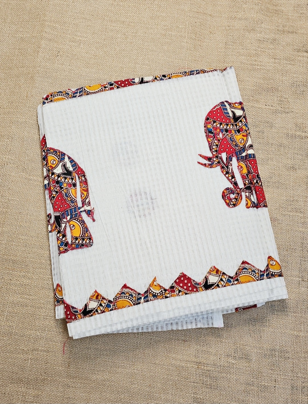 White Resham Kota Check Saree with Ajrakh Border & Elephant Patchwork