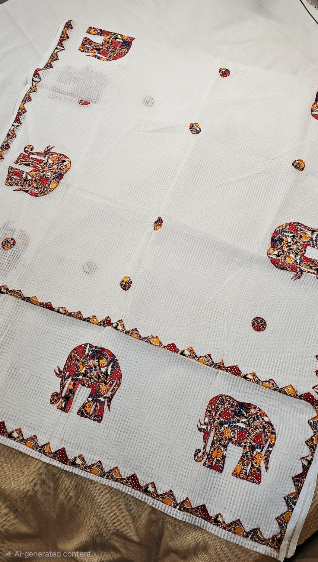 White Resham Kota Check Saree with Ajrakh Border & Elephant Patchwork