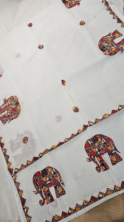White Resham Kota Check Saree with Ajrakh Border & Elephant Patchwork