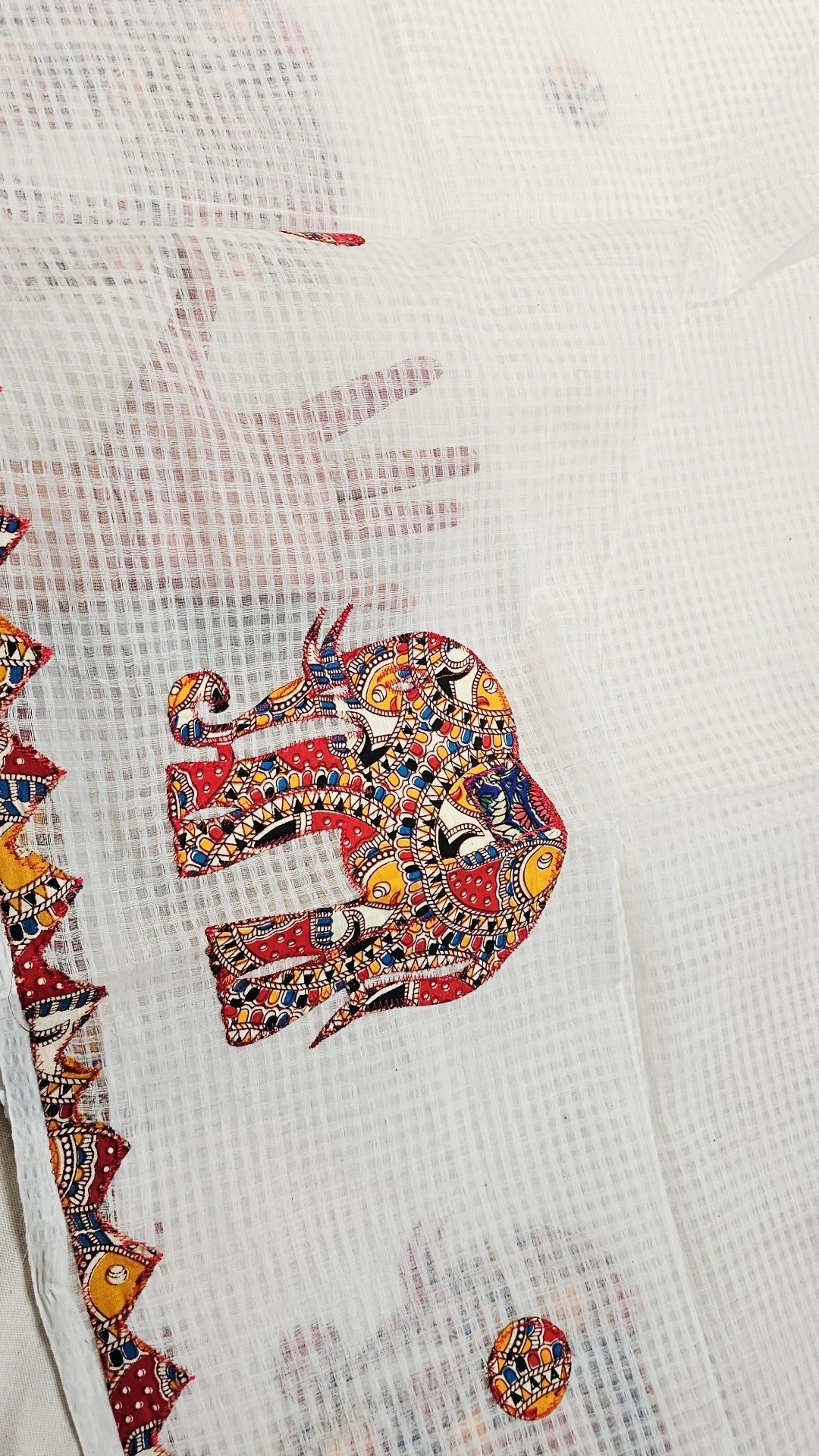 White Resham Kota Check Saree with Ajrakh Border & Elephant Patchwork