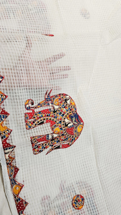 White Resham Kota Check Saree with Ajrakh Border & Elephant Patchwork