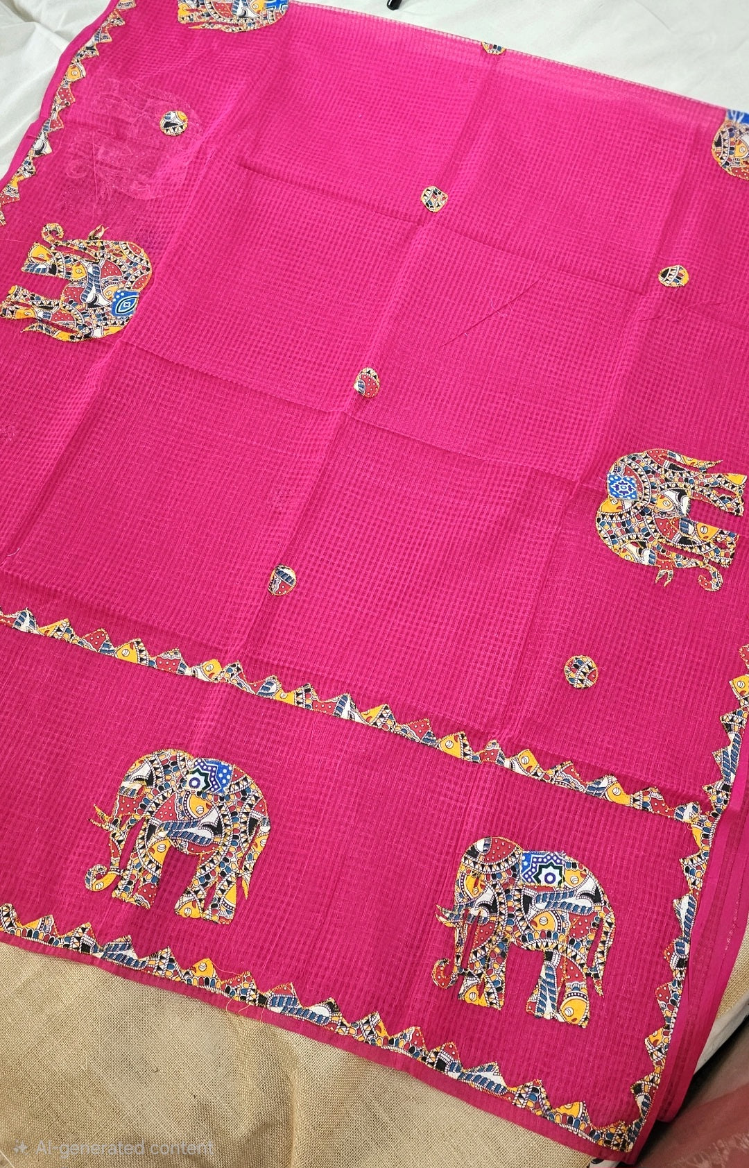 Rani Pink Resham Kota Check Saree with Ajrakh Border & Elephant Patchwork