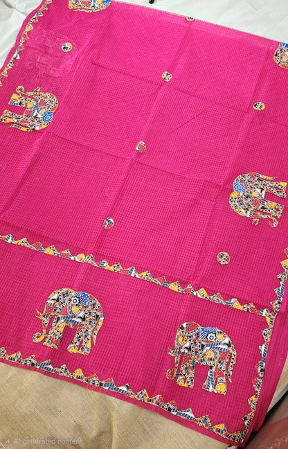 Rani Pink Resham Kota Check Saree with Ajrakh Border & Elephant Patchwork