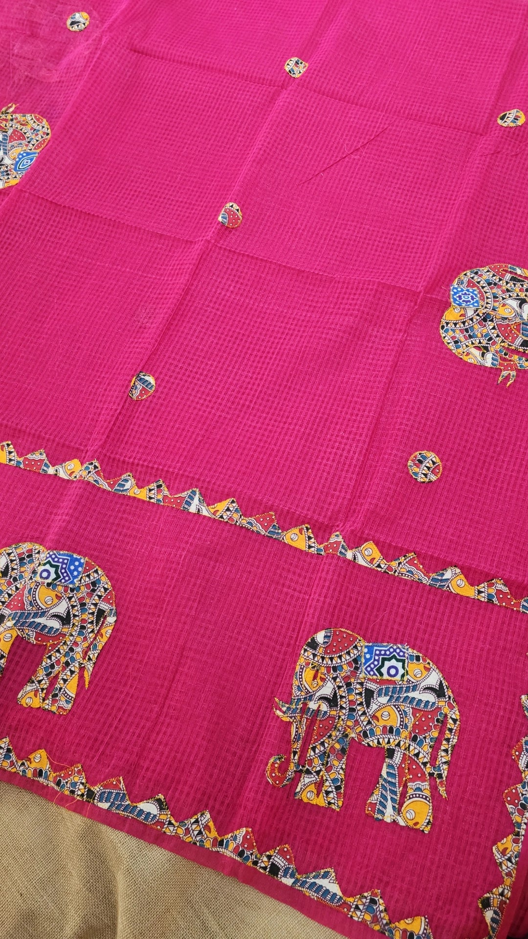 Rani Pink Resham Kota Check Saree with Ajrakh Border & Elephant Patchwork