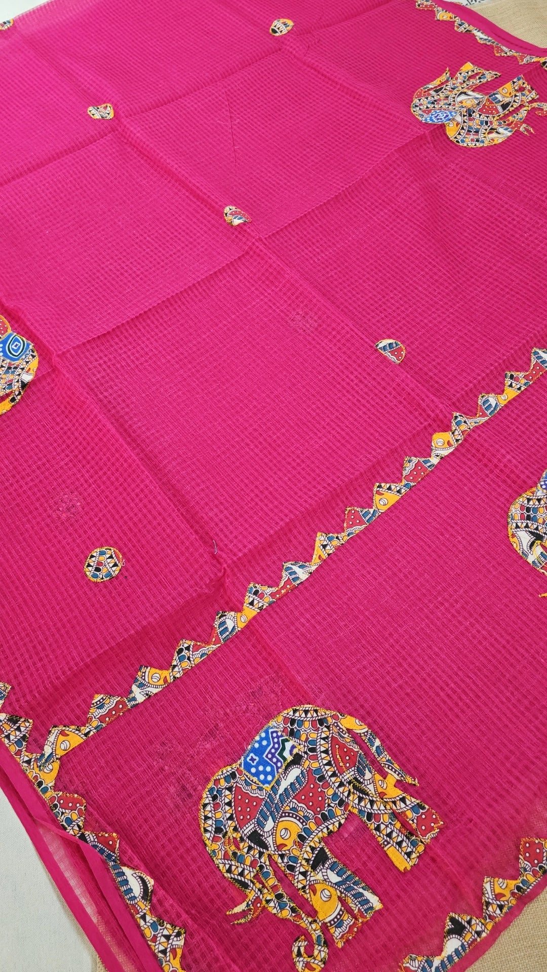 Rani Pink Resham Kota Check Saree with Ajrakh Border & Elephant Patchwork