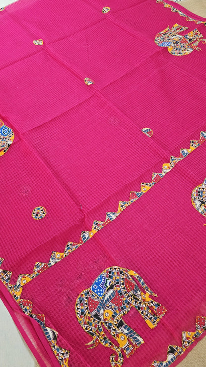 Rani Pink Resham Kota Check Saree with Ajrakh Border & Elephant Patchwork