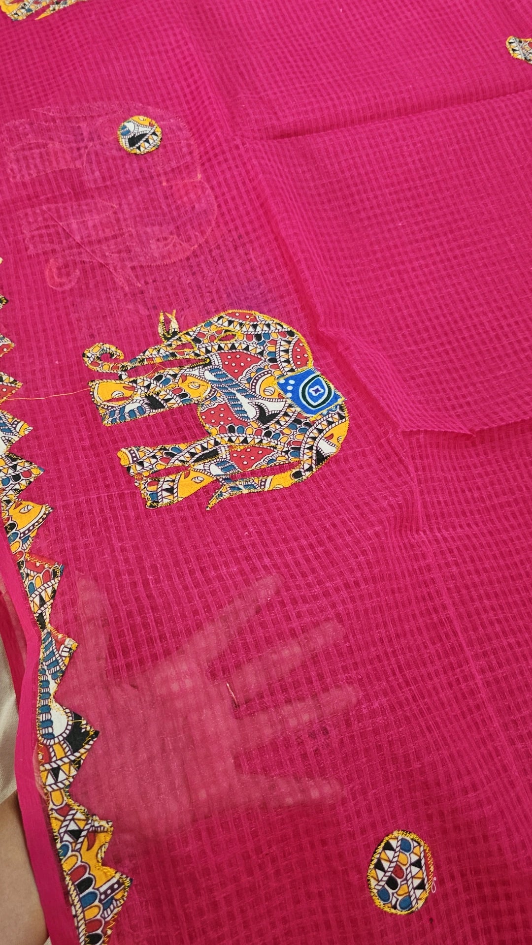 Rani Pink Resham Kota Check Saree with Ajrakh Border & Elephant Patchwork