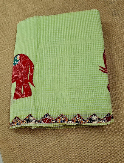 Light green Resham Kota Check Saree with Ajrakh Border & Elephant Patchwork