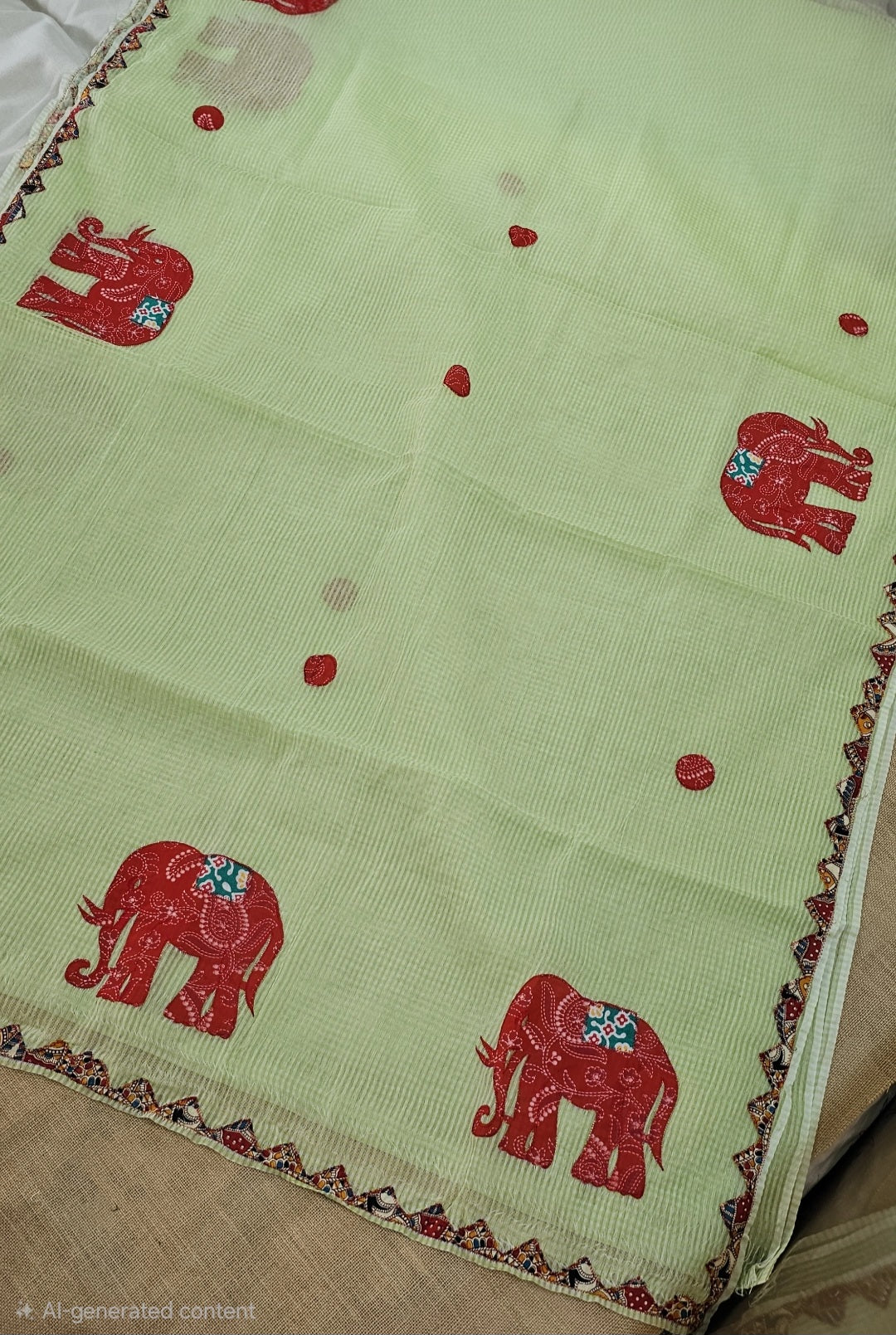 Light green Resham Kota Check Saree with Ajrakh Border & Elephant Patchwork