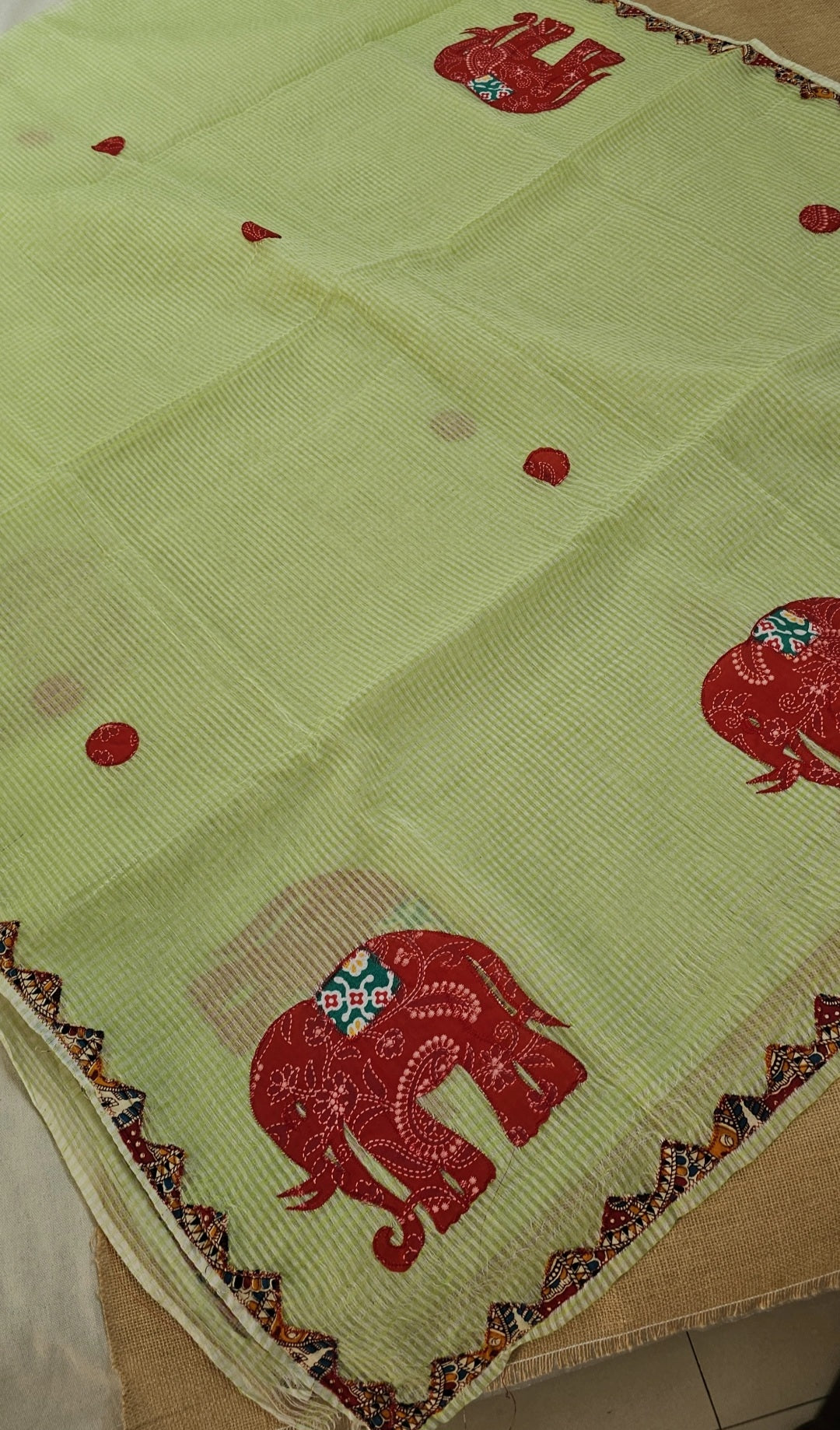 Light green Resham Kota Check Saree with Ajrakh Border & Elephant Patchwork