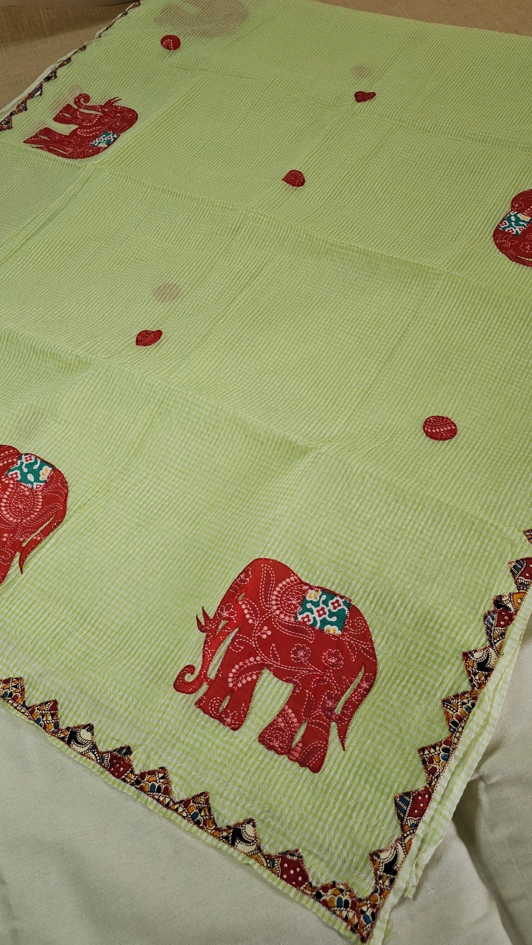 Light green Resham Kota Check Saree with Ajrakh Border & Elephant Patchwork