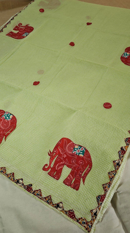 Light green Resham Kota Check Saree with Ajrakh Border & Elephant Patchwork