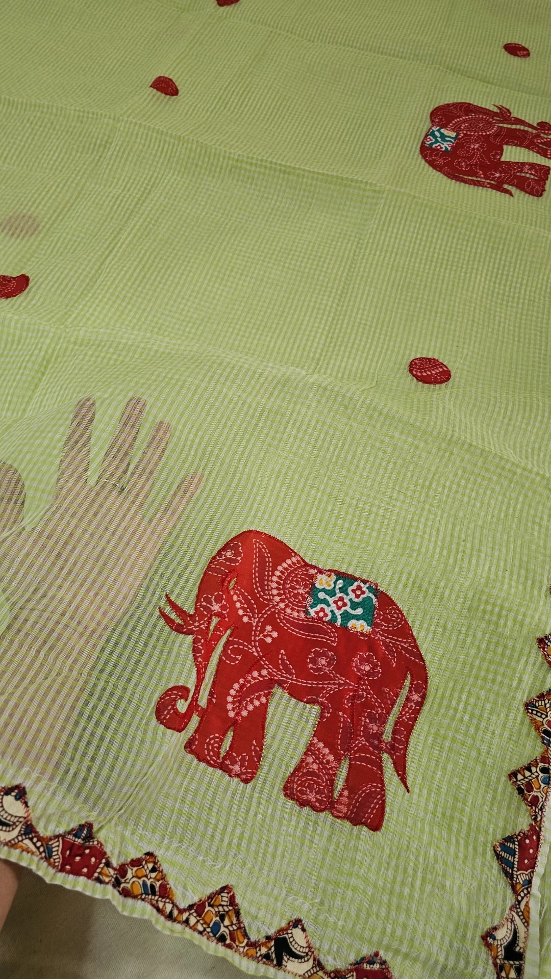 Light green Resham Kota Check Saree with Ajrakh Border & Elephant Patchwork
