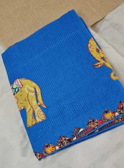 Blue Resham Kota Check Saree with Ajrakh Border & Elephant Patchwork