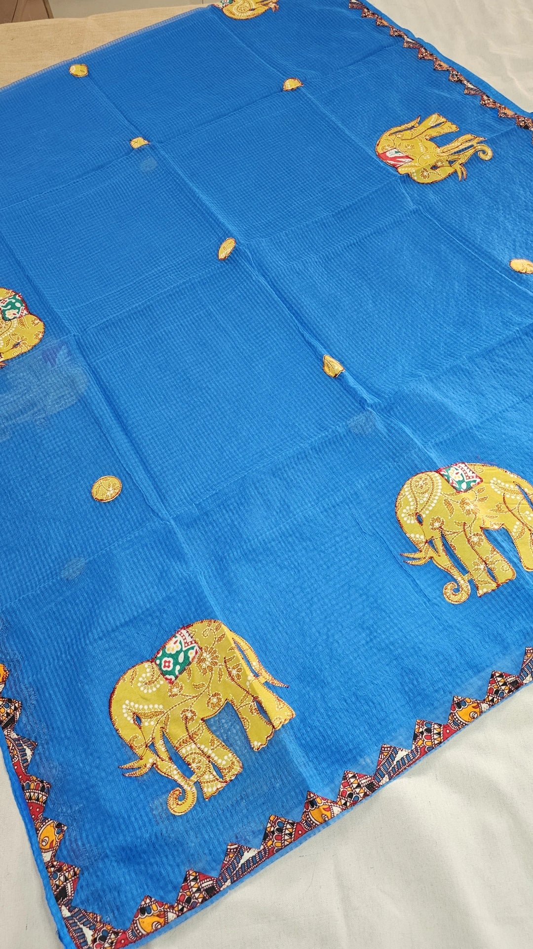 Blue Resham Kota Check Saree with Ajrakh Border & Elephant Patchwork