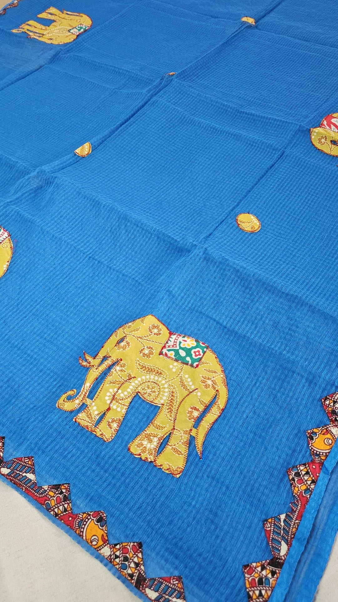 Blue Resham Kota Check Saree with Ajrakh Border & Elephant Patchwork