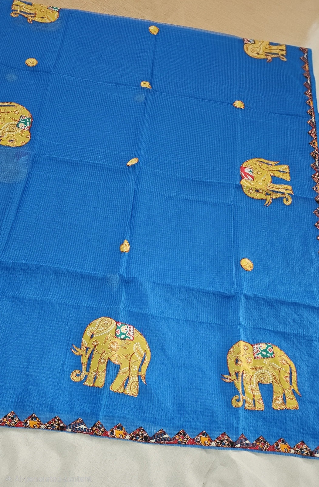 Blue Resham Kota Check Saree with Ajrakh Border & Elephant Patchwork