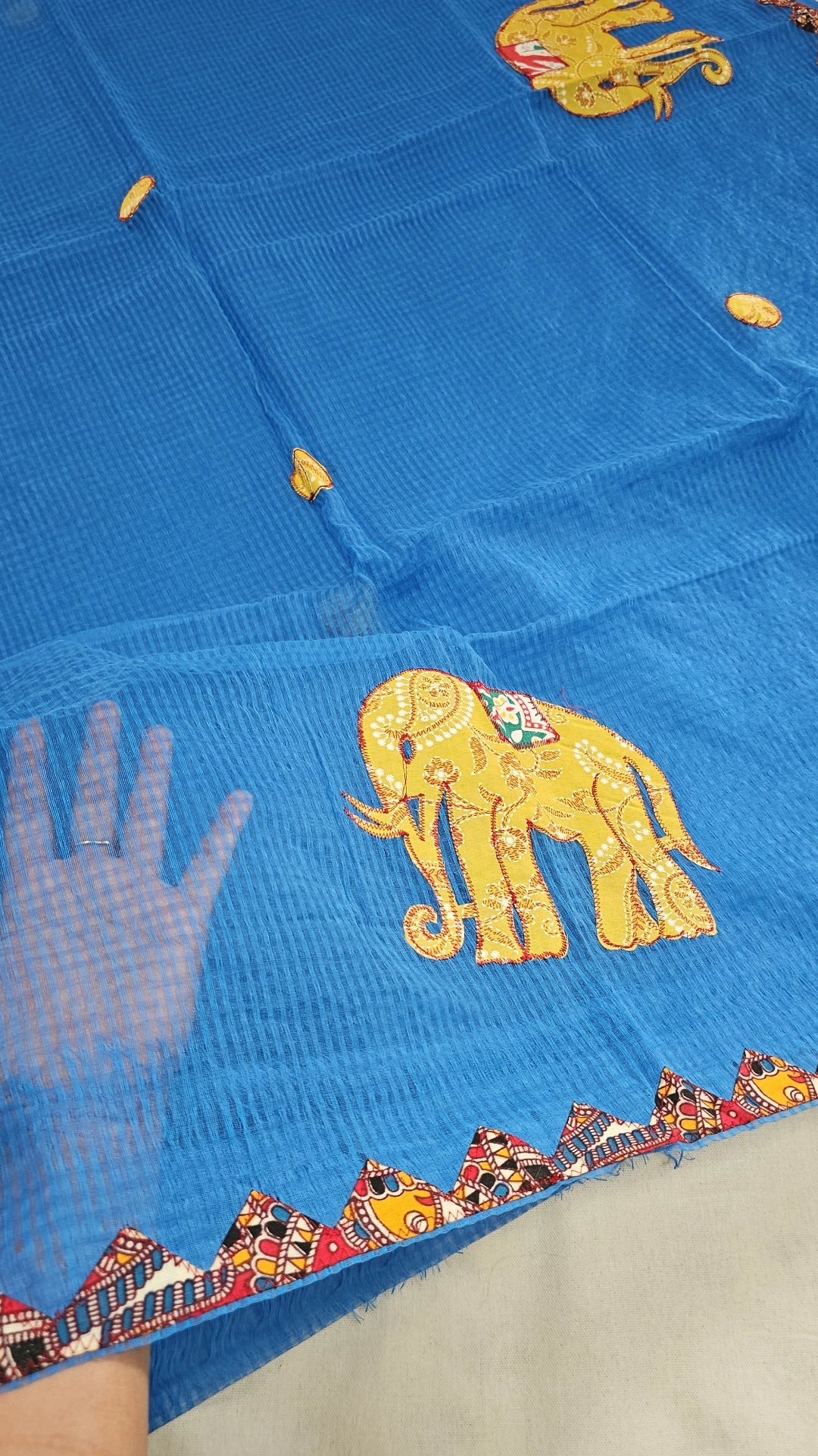 Blue Resham Kota Check Saree with Ajrakh Border & Elephant Patchwork