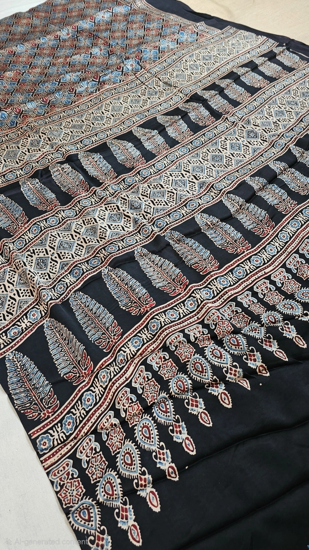 Natural Dye Hand Block Ajrak Modal Silk Saree-Black