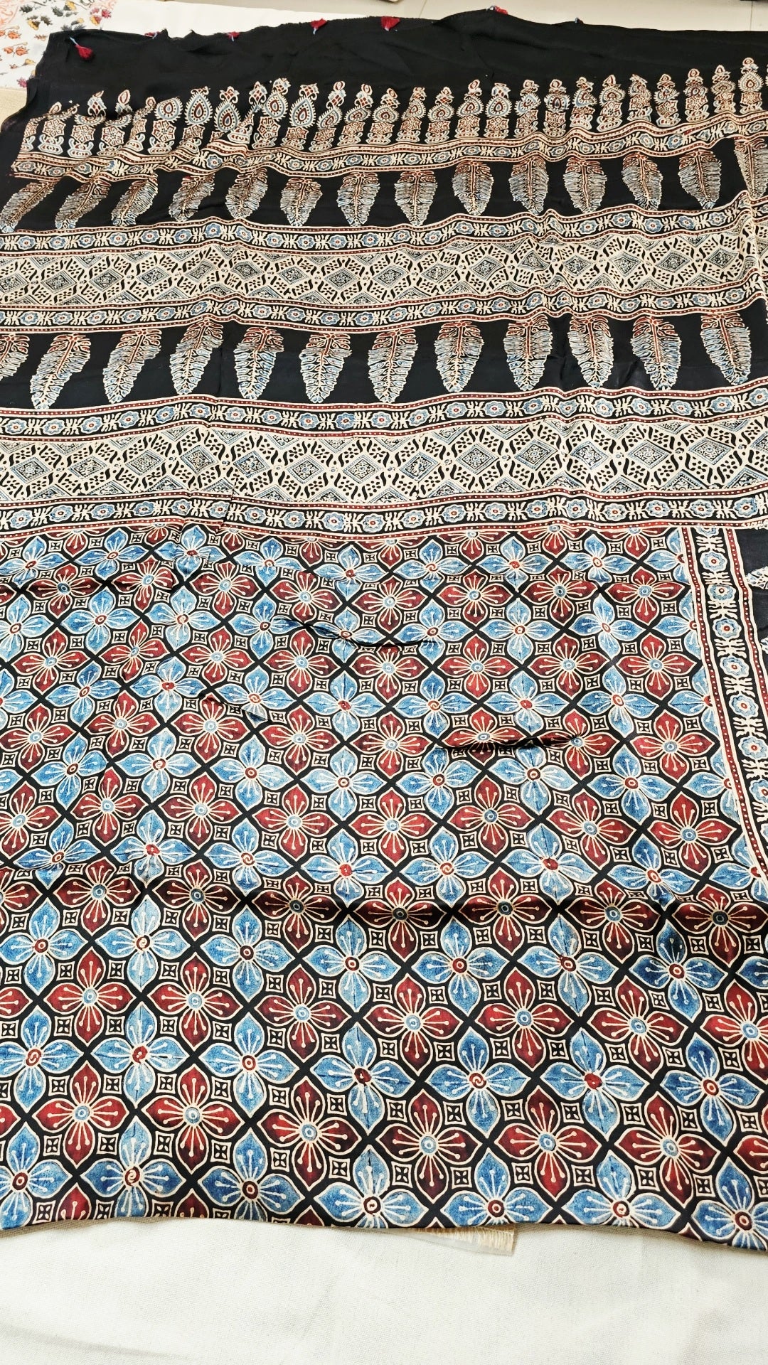 Natural Dye Hand Block Ajrak Modal Silk Saree-Black