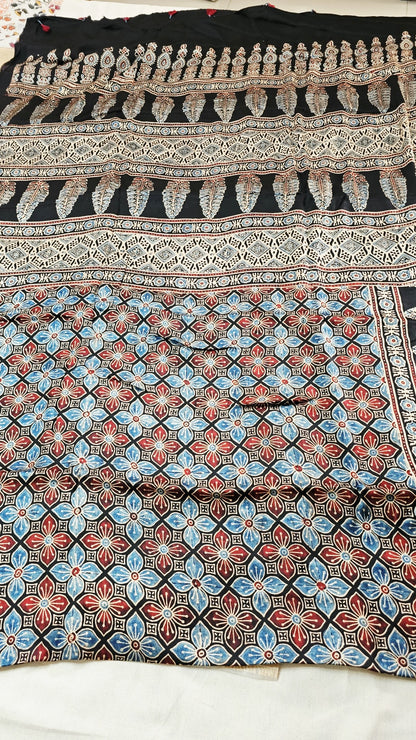 Natural Dye Hand Block Ajrak Modal Silk Saree-Black