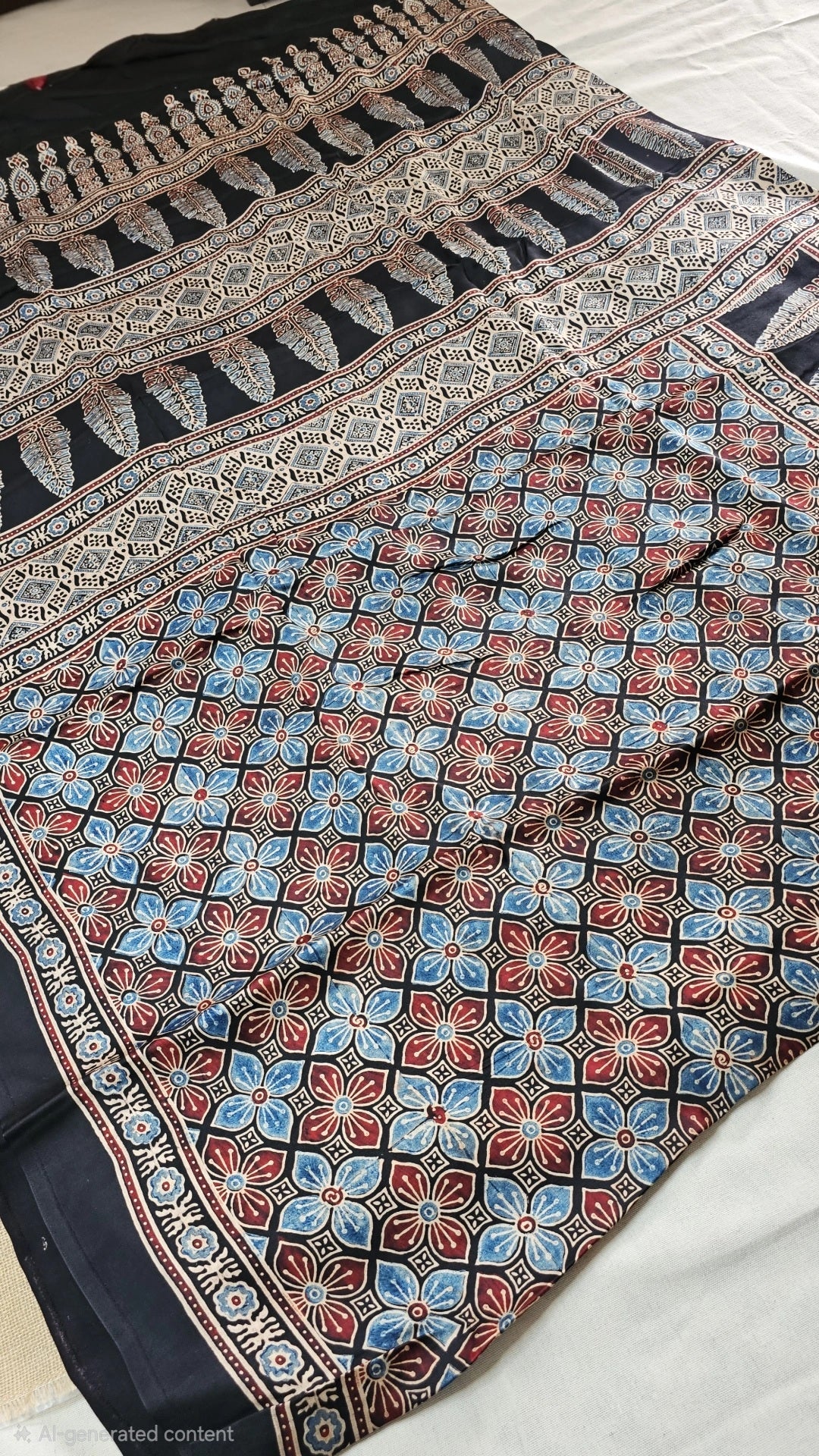 Natural Dye Hand Block Ajrak Modal Silk Saree-Black