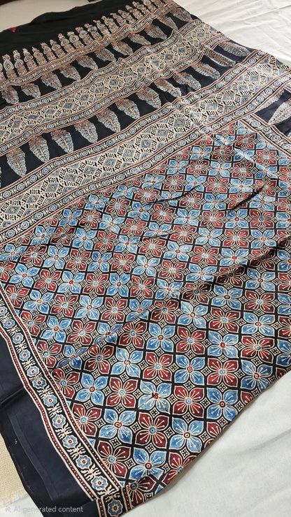 Natural Dye Hand Block Ajrak Modal Silk Saree-Black