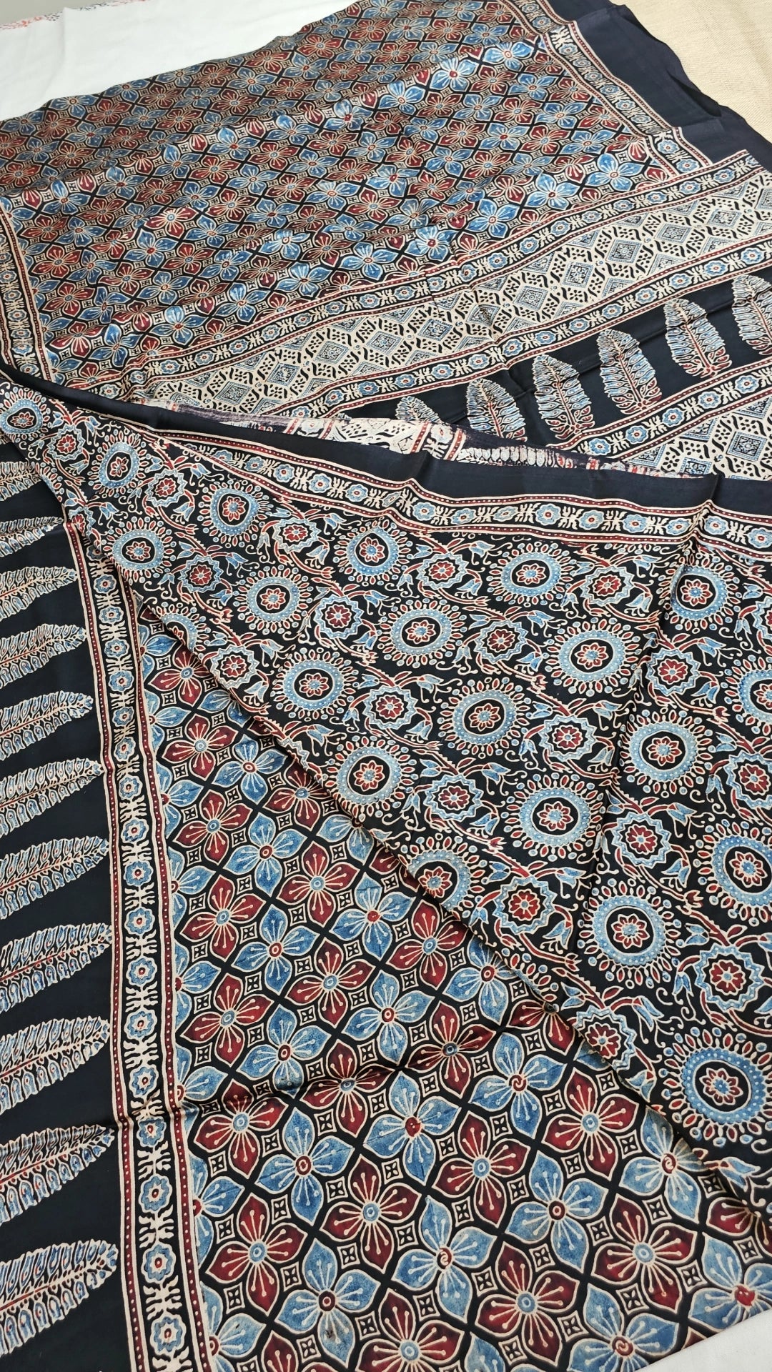 Natural Dye Hand Block Ajrak Modal Silk Saree-Black