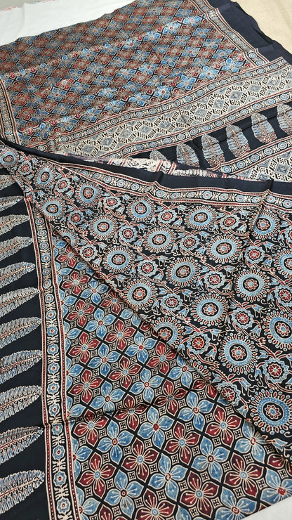 Natural Dye Hand Block Ajrak Modal Silk Saree-Black
