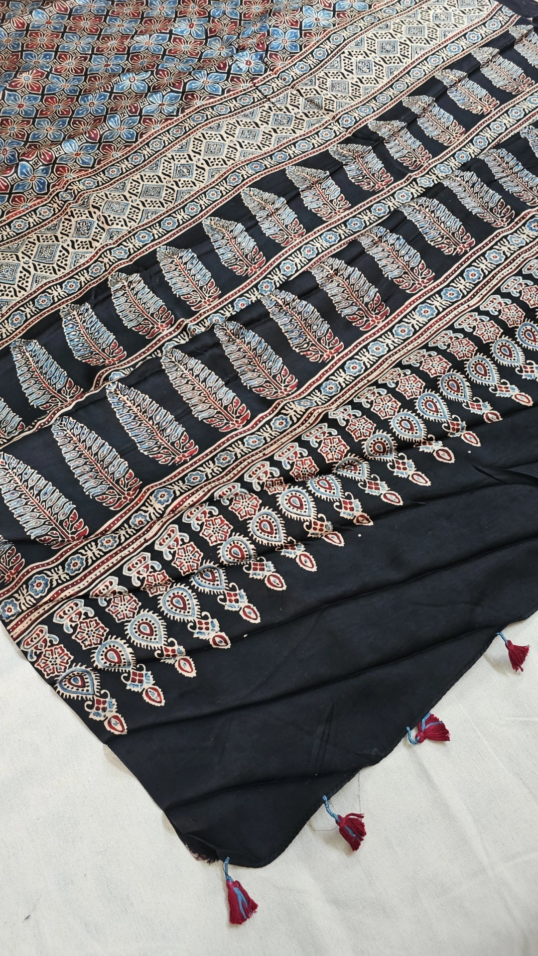 Natural Dye Hand Block Ajrak Modal Silk Saree-Black