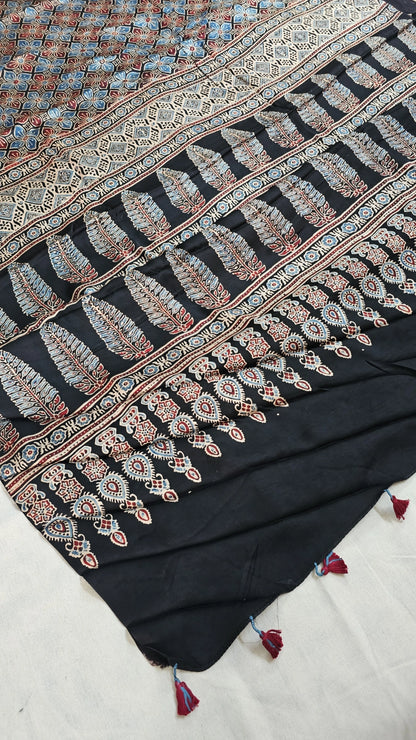 Natural Dye Hand Block Ajrak Modal Silk Saree-Black