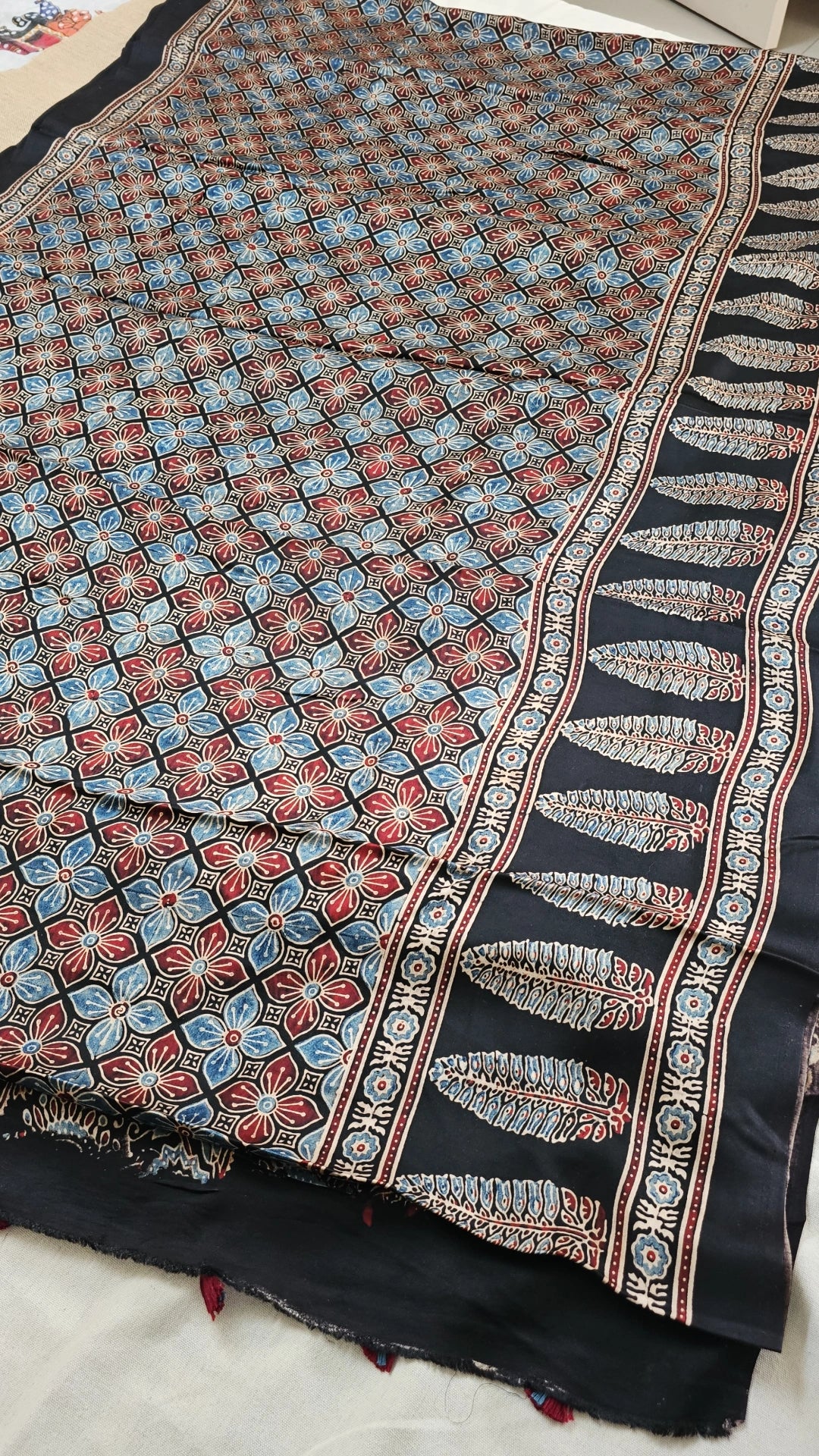 Natural Dye Hand Block Ajrak Modal Silk Saree-Black
