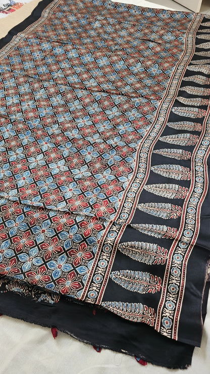 Natural Dye Hand Block Ajrak Modal Silk Saree-Black
