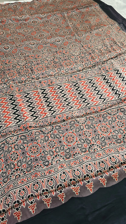 Natural Dye Hand Block Ajrak Modal Silk Saree-Brown
