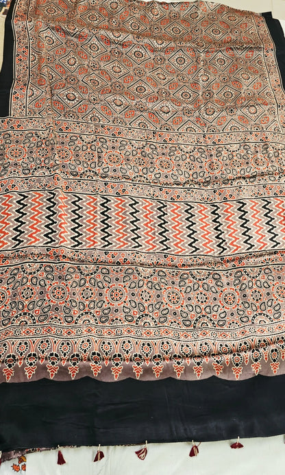 Natural Dye Hand Block Ajrak Modal Silk Saree-Brown