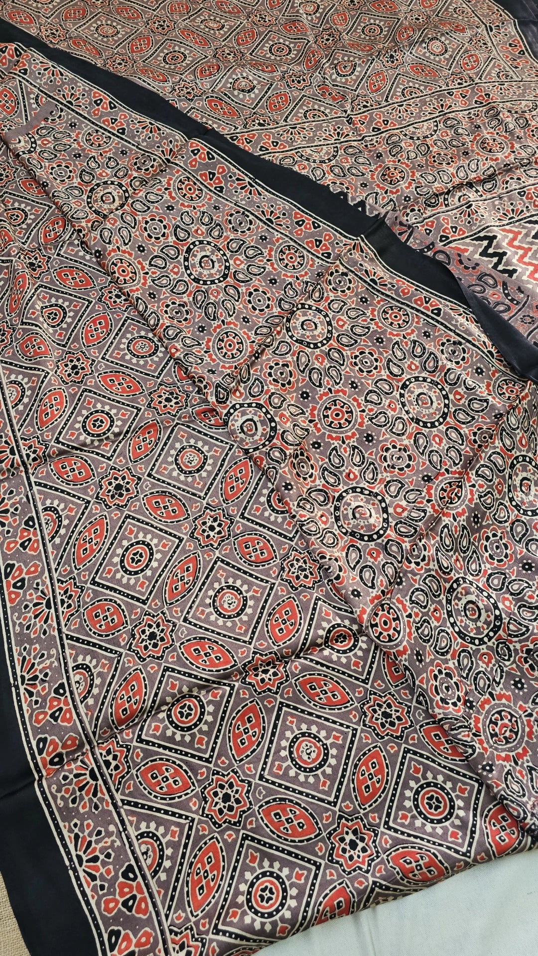 Natural Dye Hand Block Ajrak Modal Silk Saree-Brown