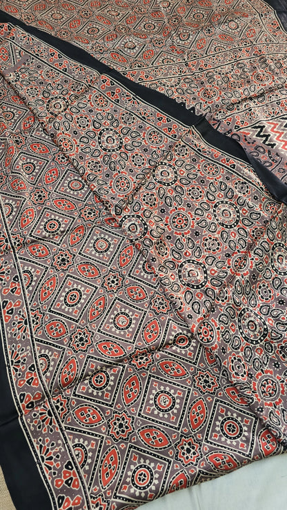 Natural Dye Hand Block Ajrak Modal Silk Saree-Brown